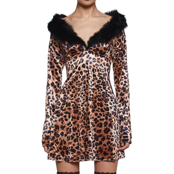 Leopard print velour fur collar mini dress sz small - Picture 1 of 1